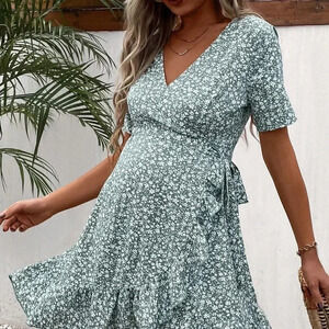 Blue Boho Womens Floral Print Knot Side Ruffle Trim Wrap Dress